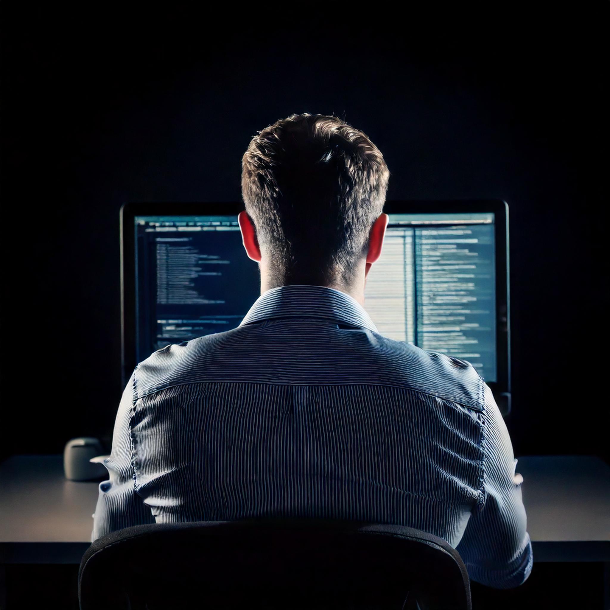 Firefly a cinematic photo from behind of a person working on a computer, dark background 99398 Firefly a cinematic photo from behind of a person working on a computer, dark background 99398