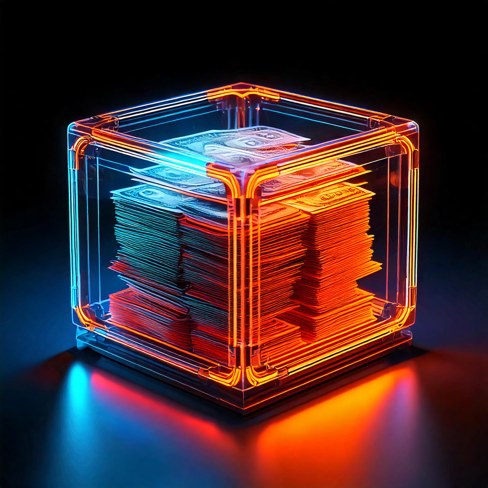 Firefly a futuristic box with a a lot of cash inside, dark background, use only orange and blue as c (1) Firefly a futuristic box with a a lot of cash inside, dark background, use only orange and blue as c (1)